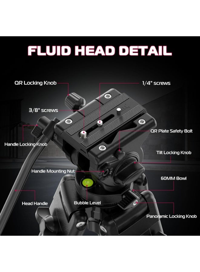 ULANZI MT-81 Camera Video Tripod with 360 Degree Fluid Head, 61inch/155cm Heavy Duty Aluminum Alloy Camera Tripod Stand, Quick Release Plate Compatible with DSLR Camcorder, Load Up to 17.6lb/8kg - Image 4