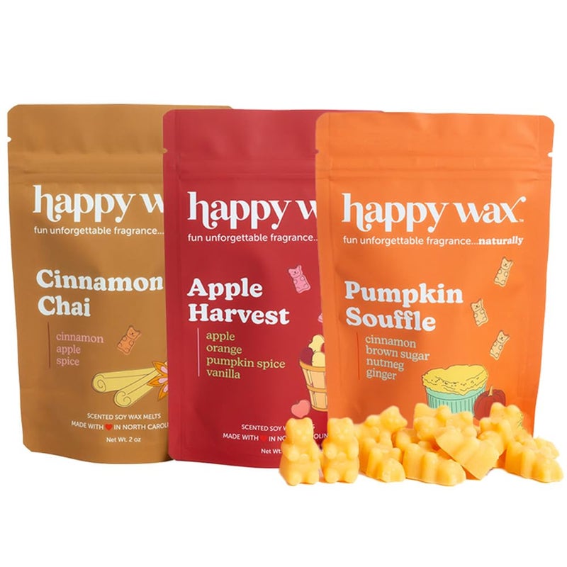 Happy Wax Savory Mix Premium Scented Natural, Non Toxic Soy Wax Melts â€“ 6 Total Oz. of Scented Wax Melts. Includes: Cinnamon Chai, Apple Harvest, and Pumpkin SoufflÃ©