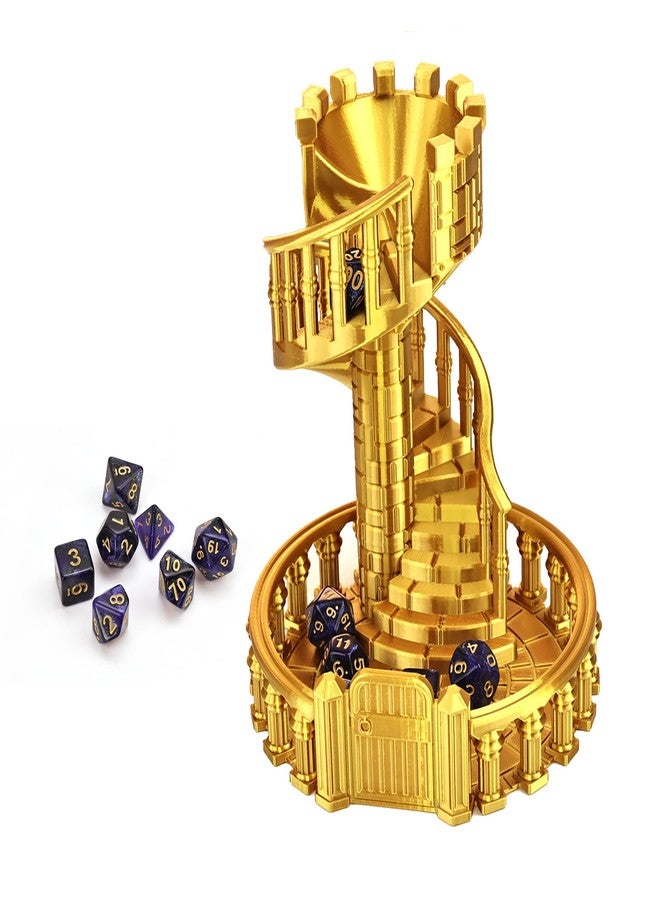7 Inches Tall Spiral Staircase Dice Rolling Tower Castle Theme Dice Roller for Tabletop RPG DND Pathfinder Board Games Unique Dice Rolling Accessory Decoration (Gold) - Image 1