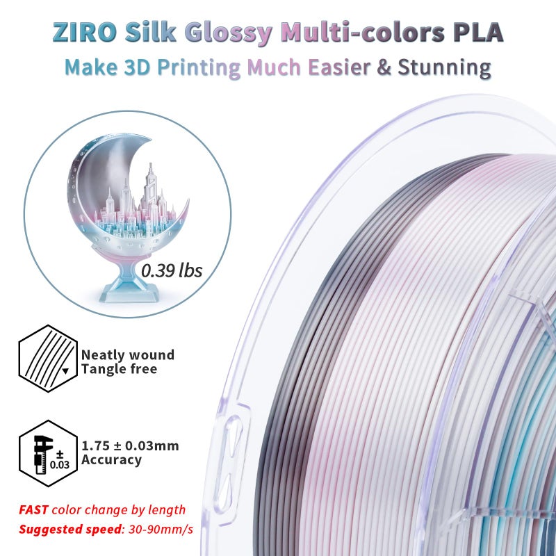 ZIRO Fast Color Change PLA, 1.75mm Color Gradient Filament, Glossy Rainbow PLA Filaments, Fit Most 3D Printer Pen, Shiny Surface Rainbow 1KG/2.2lbs Spool, Lunar Bloom (Silk) - Image 4