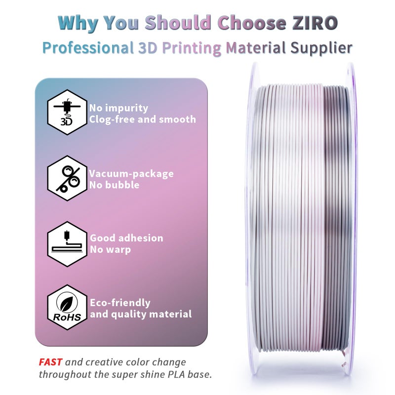 ZIRO Fast Color Change PLA, 1.75mm Color Gradient Filament, Glossy Rainbow PLA Filaments, Fit Most 3D Printer Pen, Shiny Surface Rainbow 1KG/2.2lbs Spool, Lunar Bloom (Silk) - Image 3