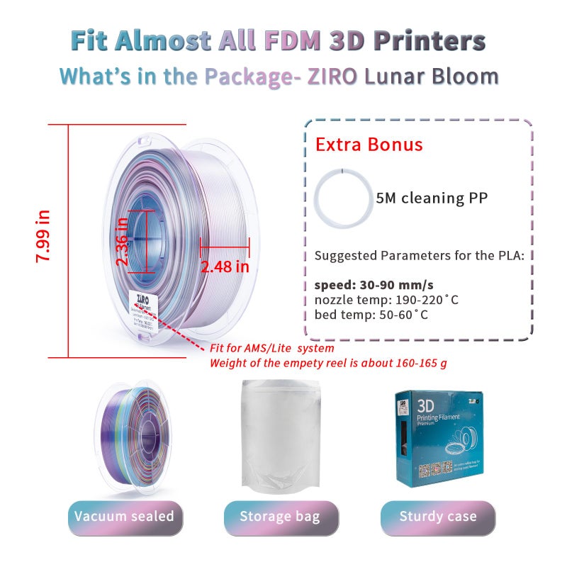 ZIRO Fast Color Change PLA, 1.75mm Color Gradient Filament, Glossy Rainbow PLA Filaments, Fit Most 3D Printer Pen, Shiny Surface Rainbow 1KG/2.2lbs Spool, Lunar Bloom (Silk) - Image 5