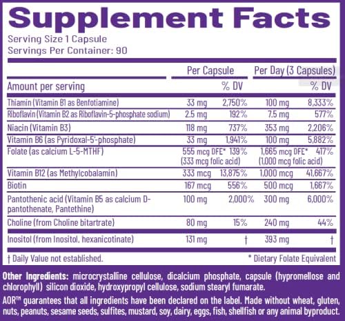 AOR Advanced B Complex Multivitamin Support for Energy Stress and Metabolism Dietary Supplement 90 Capsules 90 Servings - Image 5