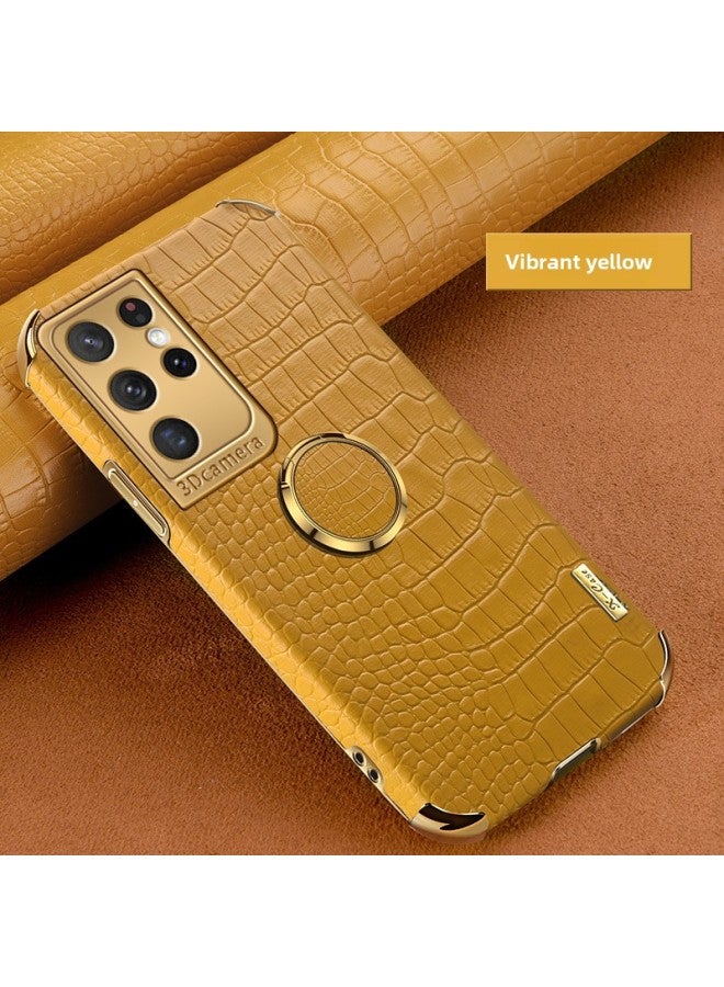 For SamsungS22Ultra Crocodile Pattern Mobile Phone Case S24 Magnetic Car S23FE Plating A25 Protective Case M23-Color:Vitality Yellow [with Ring Buckle]]-Applicable Model:A05S Fine Hole  - Image 1