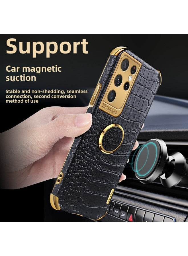 For SamsungS22Ultra Crocodile Pattern Mobile Phone Case S24 Magnetic Car S23FE Plating A25 Protective Case M23-Color:Vitality Yellow [with Ring Buckle]]-Applicable Model:A05S Fine Hole  - Image 3