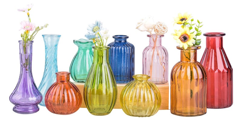 Eleganttime Bud Vases for FlowersGlass Colored Bud Vase in Bulk Set of 10Small Vintage Vase Bottle for Wedding DecorationsGarden and Home DecorCenterpiecesColorful Mexican Dcor