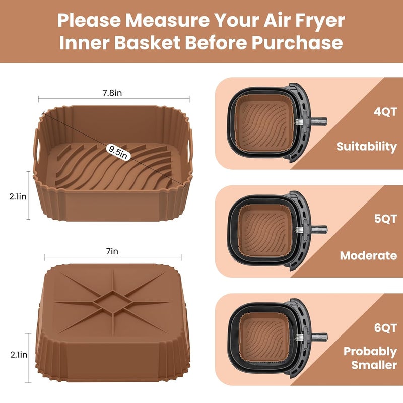 Redfly Silicone Air Fryer Liners 7.8 in, 3PCS Square Reusable Air Fryer Liner 4-5 QT, Replacement of Flammable Parchment Paper, Air Fryer Silicone Liners, Oven Air fryer Accessory Brown - Image 2