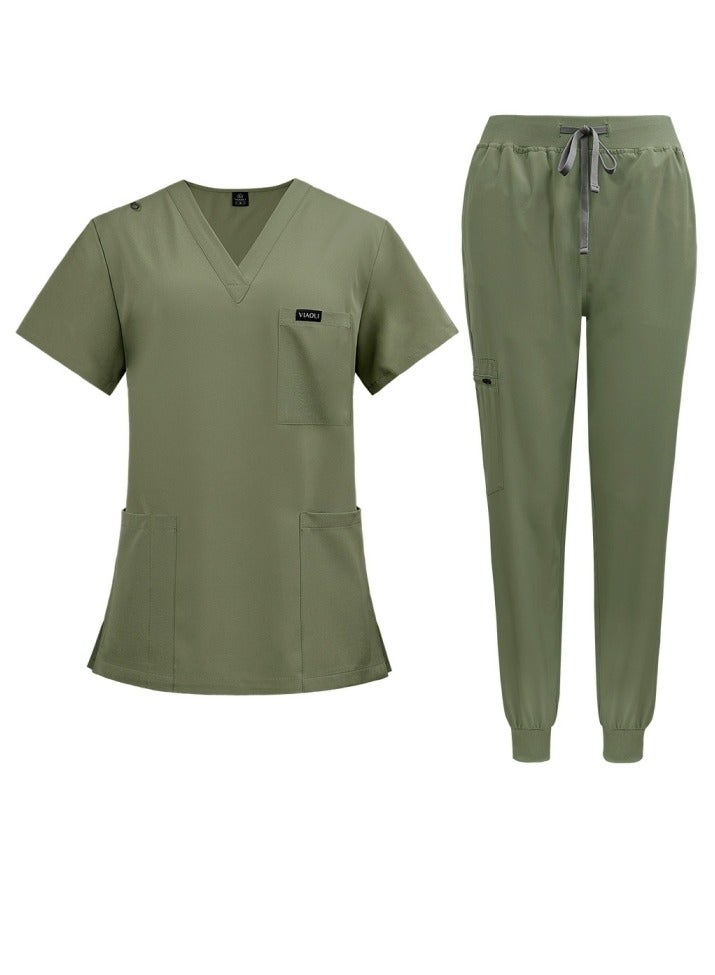 Loquat Solid Color Medical Uniform Scrubs 2 Piece Set V-Neck Top and Jogger Pants Suit Olive Green  - Image 1