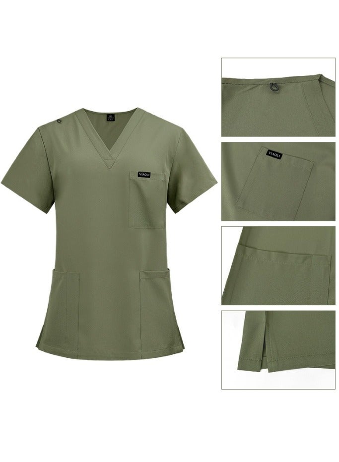 Loquat Solid Color Medical Uniform Scrubs 2 Piece Set V-Neck Top and Jogger Pants Suit Olive Green  - Image 2