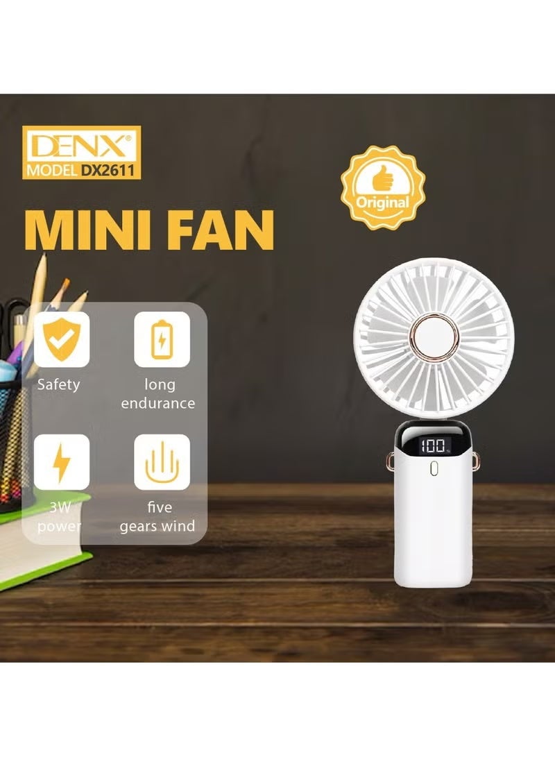 Denx Mini Rechargeable Handheld Fan with USB Charging, 5 Wind Speeds, LED Battery Indicator, Portable Lightweight Fan for Desk, Travel, Outdoor, Hands-Free Hanging, 14–22H Runtime - Image 4