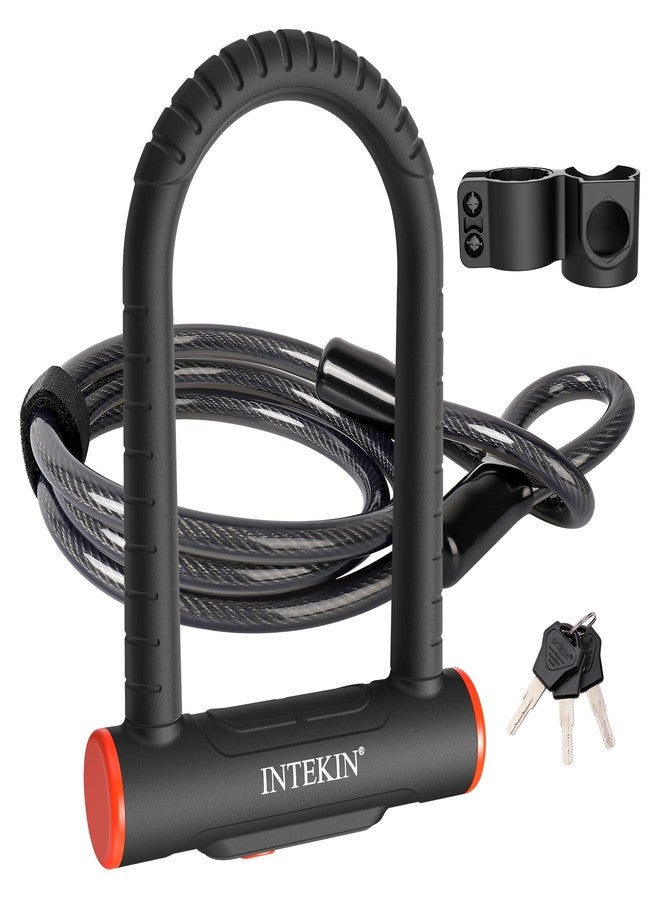 INTEKIN Bike U Lock Heavy Duty Lock, 16mm U Lock and 5ft Length Security Cable with Sturdy Mounting Bracket for Motorcycle and More, Black, Small - Image 1