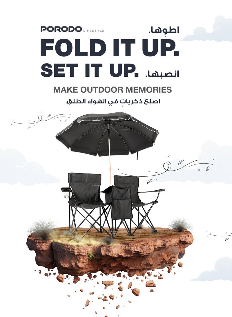 بورودو كرسي مزدوج للتخييم بأسلوب الحياة مع مظلة شمسية قابلة للفصل / جيب تخزين إضافي / حقيبة ثلج وحامل أكواب / قابل للطي / خفيف الوزن / إطار فولاذي قوي / مقعد خارجي محمول للتخييم / النزهات / الشاطئ والأنشطة الخارجية - أسود - Image 2