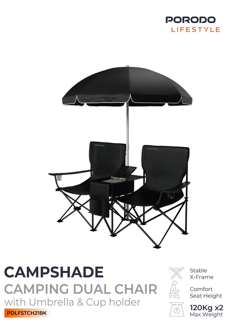بورودو كرسي مزدوج للتخييم بأسلوب الحياة مع مظلة شمسية قابلة للفصل / جيب تخزين إضافي / حقيبة ثلج وحامل أكواب / قابل للطي / خفيف الوزن / إطار فولاذي قوي / مقعد خارجي محمول للتخييم / النزهات / الشاطئ والأنشطة الخارجية - أسود - Image 1