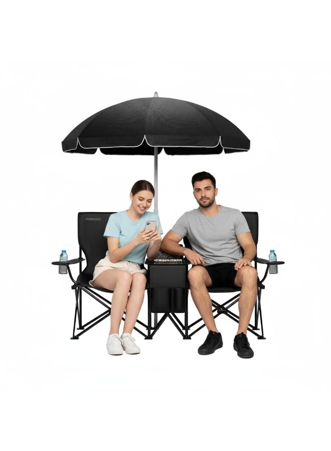 porodo Lifestyle Camping Dual Chair with Detachable Sun Umbrella / Extra Storage Pocket / Ice Pouch & Cup Holder / Foldable / Lightweight / Heavy-Duty Steel Frame / Portable Outdoor Seating for Camping / Picnic / Beach & Outdoor Activities - Black - Image 1