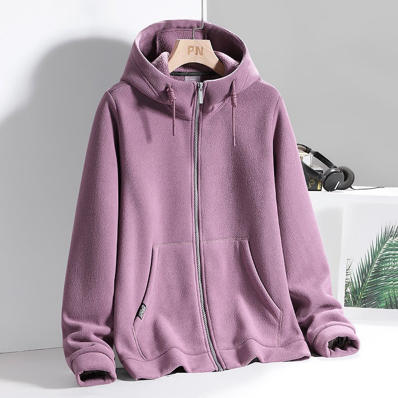 Fleece Coat Womens Autumn and Winter Double-sided Fleece Fleece Coat Mens Thickened Warm Couples Lamb Fleece Cardigan Hooded Sweater female tulip purple