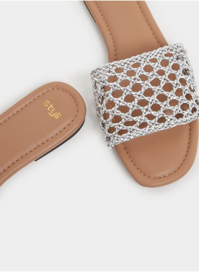 Styli Woven Design Open Toe Flat Sandals  - Image 3