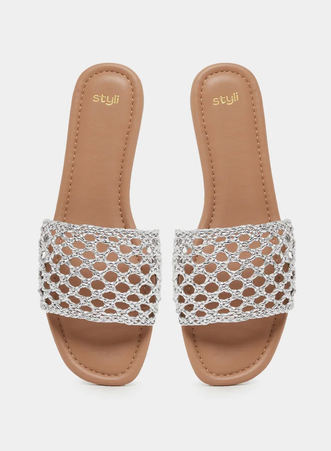 Styli Woven Design Open Toe Flat Sandals