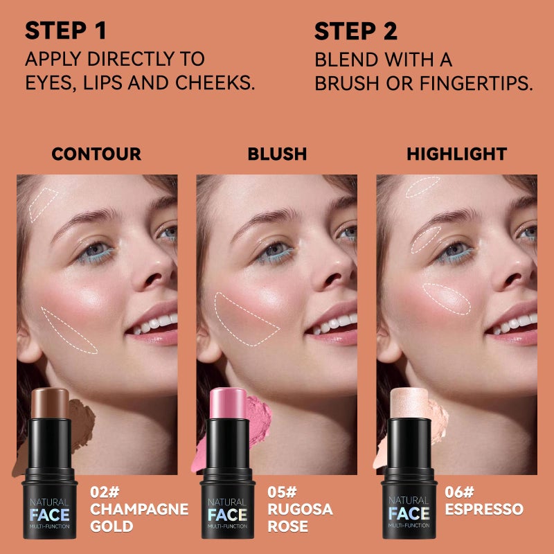 LemonSac 3Pcs Cream Contour Stick Makeup Kit, Shades with Highlighter Stick, Blush Stick and Bronzer Contour Stick for Sculpt the Cheeks, Long Lasting, Waterproof, Matte & Dewy Finish (LIGHT MEDIUM) - Image 3