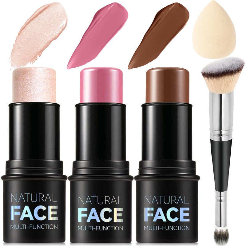 LemonSac 3Pcs Cream Contour Stick Makeup Kit, Shades with Highlighter Stick, Blush Stick and Bronzer Contour Stick for Sculpt the Cheeks, Long Lasting, Waterproof, Matte & Dewy Finish (LIGHT MEDIUM) - Image 1