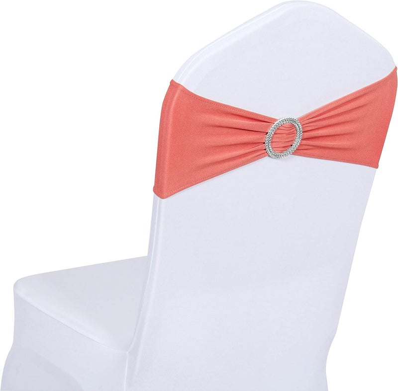 Obstal 10 PCS Spandex Stretch Chair Sashes Bows for Wedding Reception- Universal Elastic Chair Cover Bands with Buckle Slider for Banquet, Party, Hotel Event Decorations Coral Red Sashes - Image 1