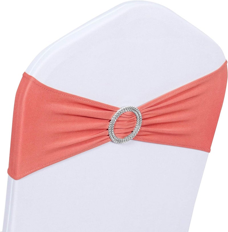 Obstal 10 PCS Spandex Stretch Chair Sashes Bows for Wedding Reception- Universal Elastic Chair Cover Bands with Buckle Slider for Banquet, Party, Hotel Event Decorations Coral Red Sashes - Image 5