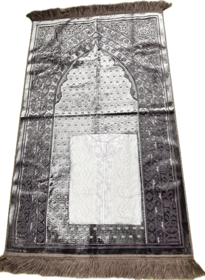 High quality Turkish prayer set for women consisting of a soft faux silk prayer rug and a prayer dress with attached scarf Cool and practical fabric suitable for washing and wearing Long and beautiful zipper One size large  - Image 1