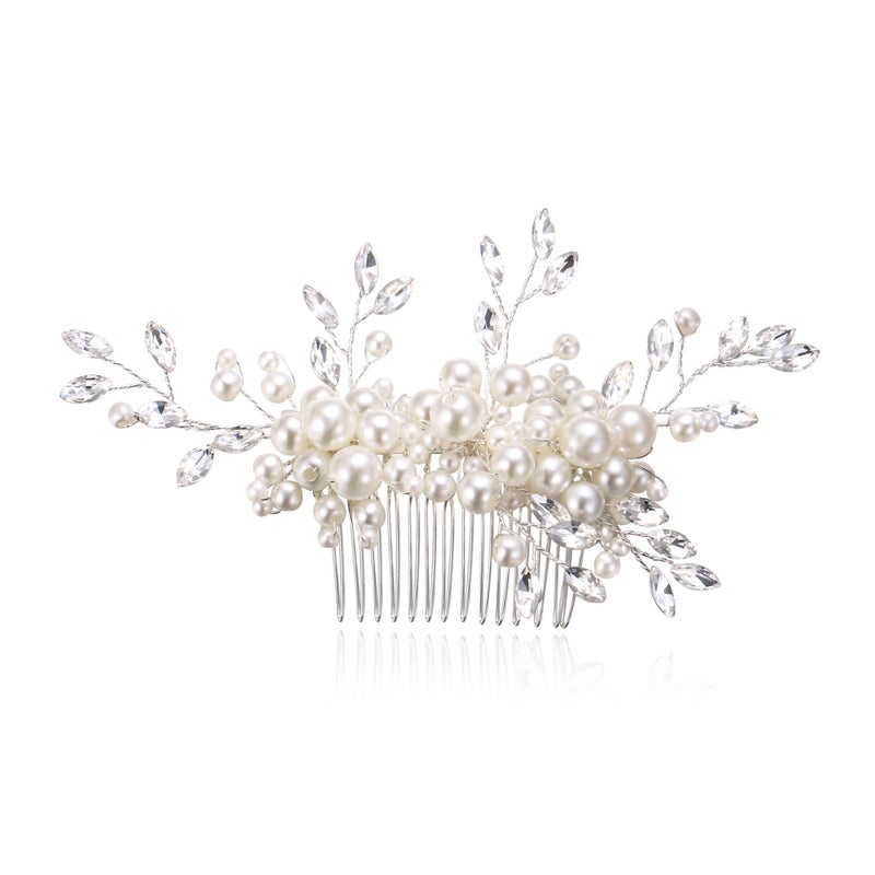 EVER FAITH Marquise Shaped Crystal Simulated Pearl Leaf Elegant Bridal Accessory Hair Piece Wedding Side Comb for Bride Bridesmaids - Image 5