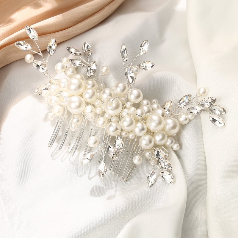 EVER FAITH Marquise Shaped Crystal Simulated Pearl Leaf Elegant Bridal Accessory Hair Piece Wedding Side Comb for Bride Bridesmaids - Image 4