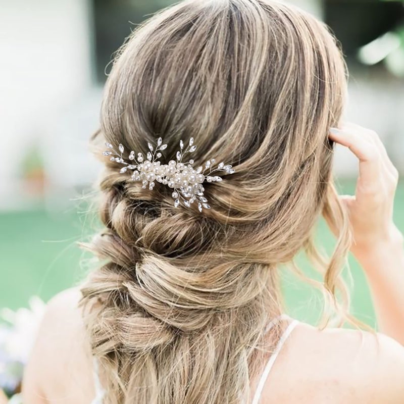 EVER FAITH Marquise Shaped Crystal Simulated Pearl Leaf Elegant Bridal Accessory Hair Piece Wedding Side Comb for Bride Bridesmaids - Image 3