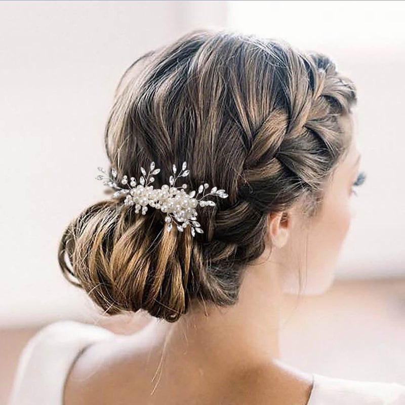 EVER FAITH Marquise Shaped Crystal Simulated Pearl Leaf Elegant Bridal Accessory Hair Piece Wedding Side Comb for Bride Bridesmaids - Image 2