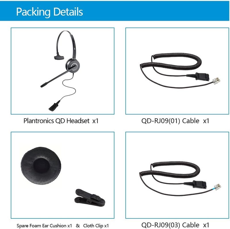 VT سماعة رأس ميكروفون هاتفية مع خاصية إلغاء الضوضاء QD - سماعة مركز الاتصال مع كابلات RJ09 متوافقة مع هواتف Polycom و Yealink و Grandstream و Snom و Fanvil و Mitel (أحادية) - Image 5