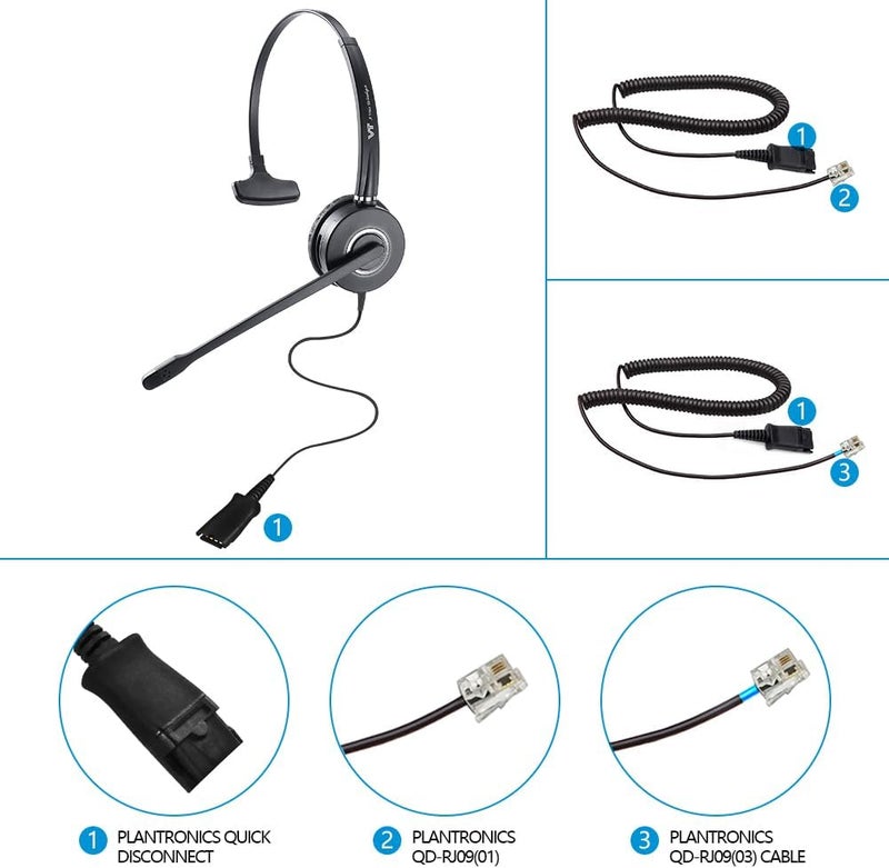 VT سماعة رأس ميكروفون هاتفية مع خاصية إلغاء الضوضاء QD - سماعة مركز الاتصال مع كابلات RJ09 متوافقة مع هواتف Polycom و Yealink و Grandstream و Snom و Fanvil و Mitel (أحادية) - Image 2