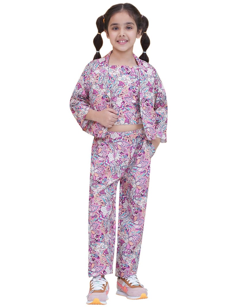 AJ DEZINES Kids Cotton 3/4 Sleeve Purple Co-ords Set for Girls - Casual Outfit | Vacation Wear |Beach Dress | Floral Printed Shirt Pant for girls - Regular Fit (G-CO-2022-PURPLE-22) - Image 1