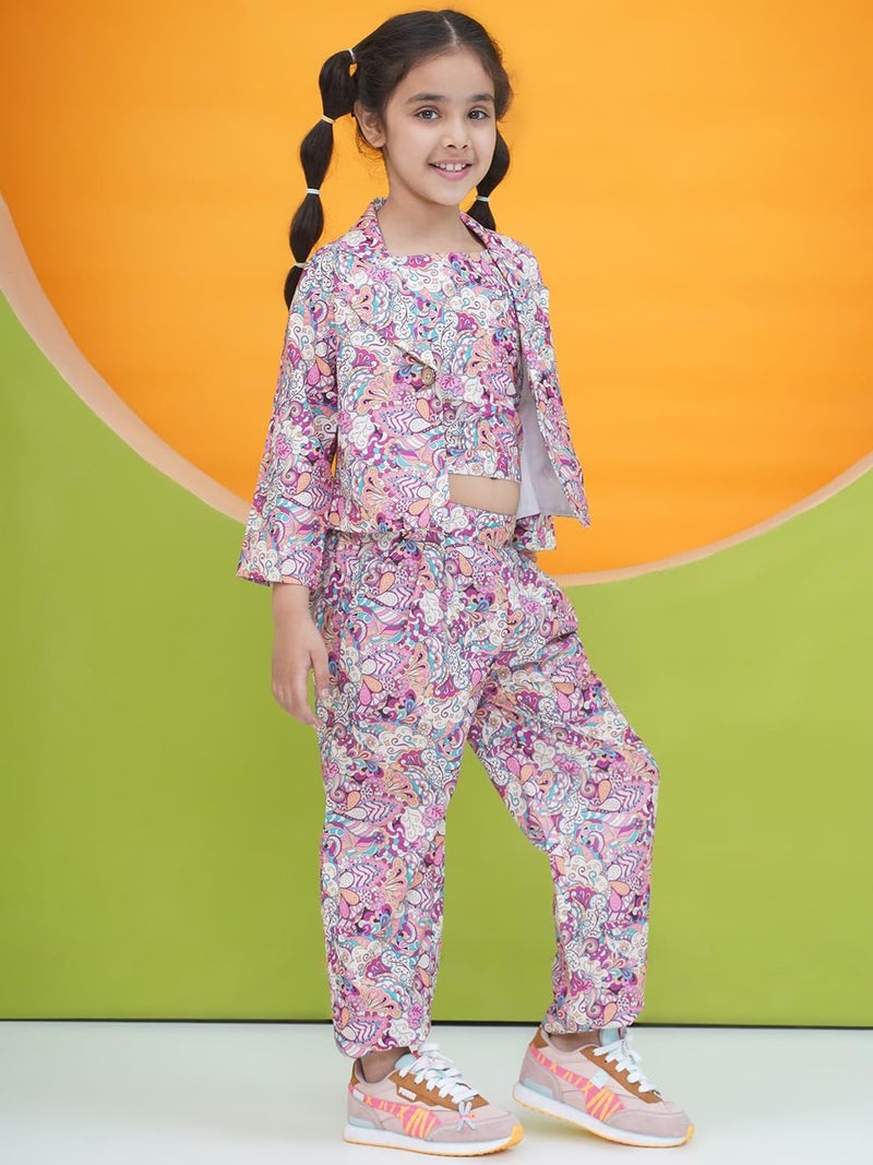 AJ DEZINES Kids Cotton 3/4 Sleeve Purple Co-ords Set for Girls - Casual Outfit | Vacation Wear |Beach Dress | Floral Printed Shirt Pant for girls - Regular Fit (G-CO-2022-PURPLE-22) - Image 5