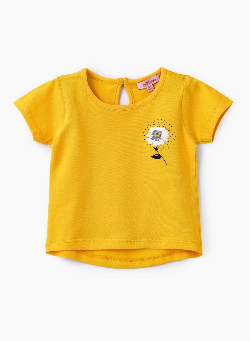 Jelliene Sunny Yellow Floral Cotton Tee for Infant Girls - Image 1