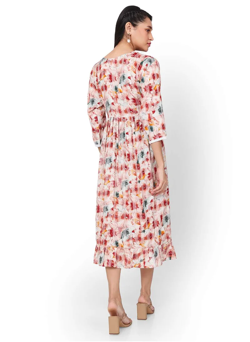 HANA & SARA MULTICOLOUR FLORAL PRINTED FRONT LACE STYLED ARABIC KAFTAN JALABIYA DRESS