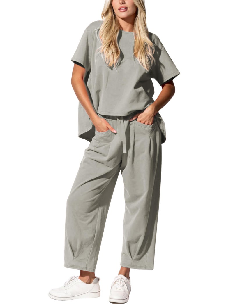 IQSQSQ Womenâ€™s Lounge Set 2 Piece Short Sleeve Top Barrel Wide Leg Pants Comfy Matching Travel Outfit(Grey-M) - Image 1