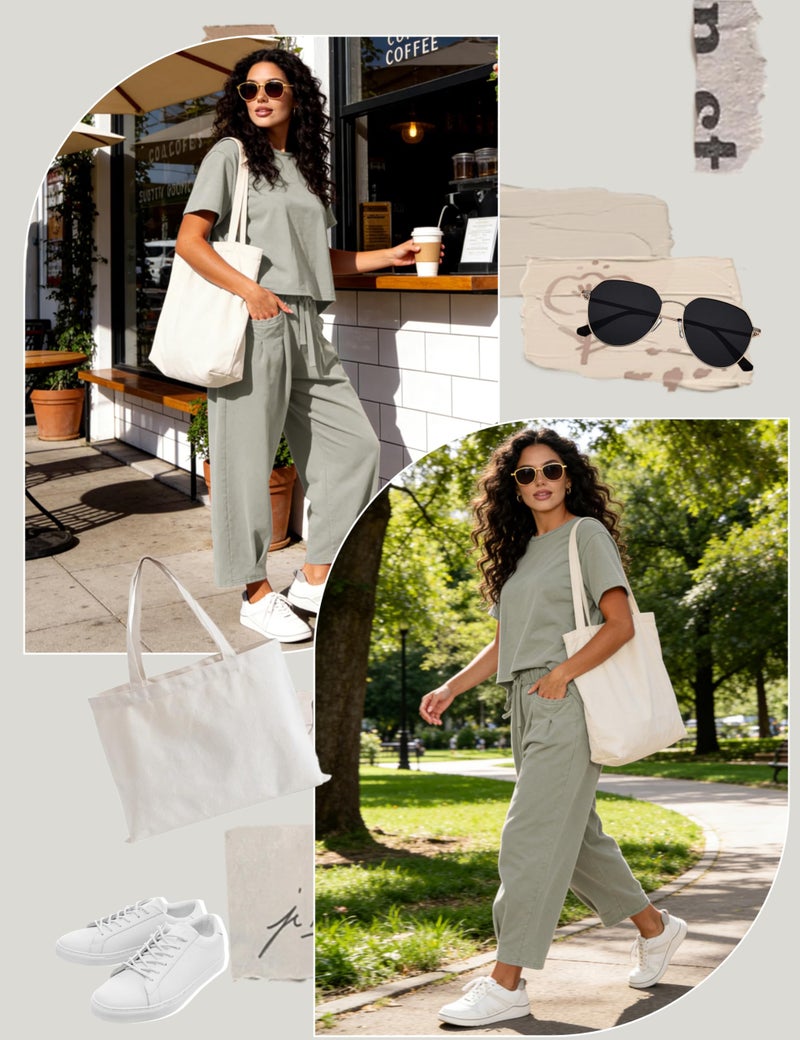 IQSQSQ Womenâ€™s Lounge Set 2 Piece Short Sleeve Top Barrel Wide Leg Pants Comfy Matching Travel Outfit(Grey-M) - Image 5
