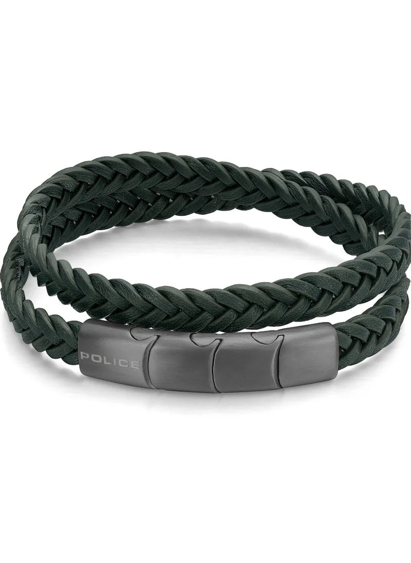 POLICE Braid Dark Green Leather Grey Metal Plated Stainless Steel Gents Bracelet