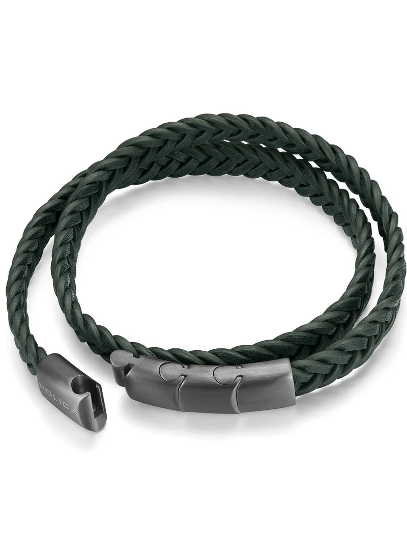 POLICE Braid Dark Green Leather Grey Metal Plated Stainless Steel Gents Bracelet