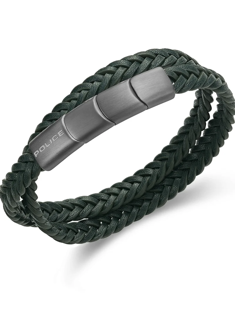 بوليس Braid Dark Green Leather Grey Metal Plated Stainless Steel Gents Bracelet