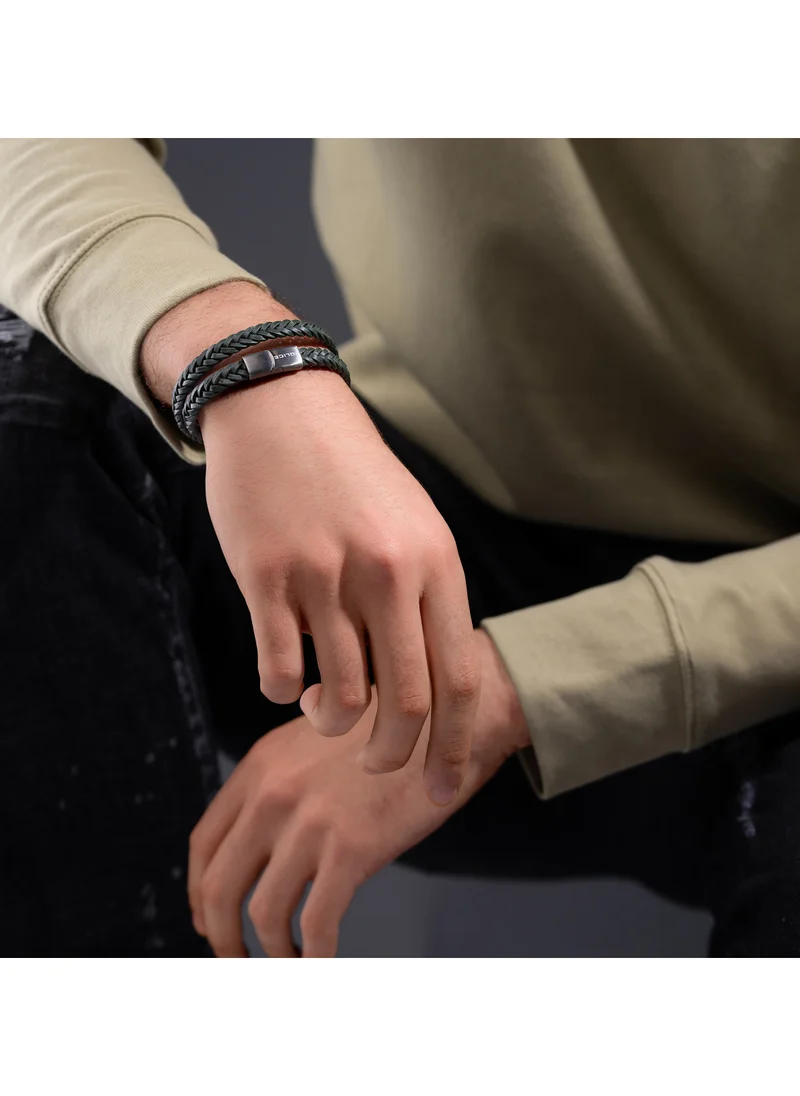 بوليس Braid Dark Green Leather Grey Metal Plated Stainless Steel Gents Bracelet