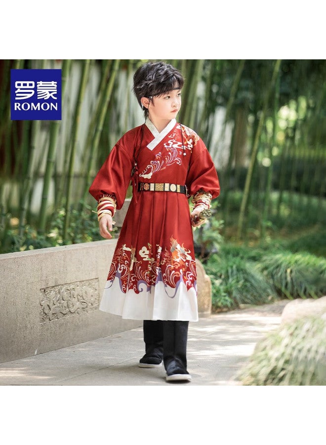 ROMON Luomeng Boys' Hanfu, New Chinese-style Tang Suit, Autumn Style, Children's Ancient Costume, Chinese-style Performance Outfit, Red Flying Fish Costume, Size 160 - Image 2