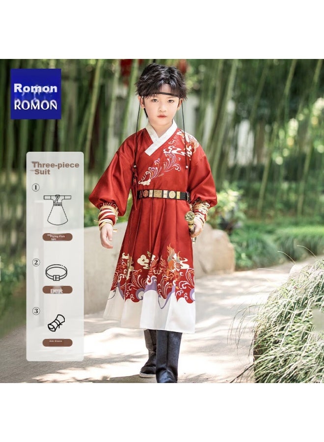 ROMON Luomeng Boys' Hanfu, New Chinese-style Tang Suit, Autumn Style, Children's Ancient Costume, Chinese-style Performance Outfit, Red Flying Fish Costume, Size 160 - Image 1