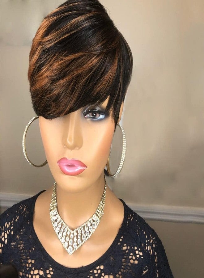 Yviann Short Human Hair Wigs for Black Women Glueless Pixie Wig Human Hair Layered Wavy Wigs with Bangs Pixie Curly Glueless Black with Brown F1B 30/33# - Image 3
