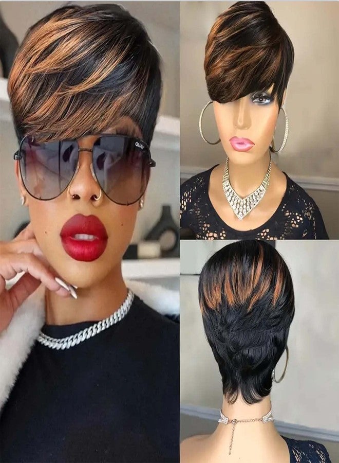 Yviann Short Human Hair Wigs for Black Women Glueless Pixie Wig Human Hair Layered Wavy Wigs with Bangs Pixie Curly Glueless Black with Brown F1B 30/33# - Image 2