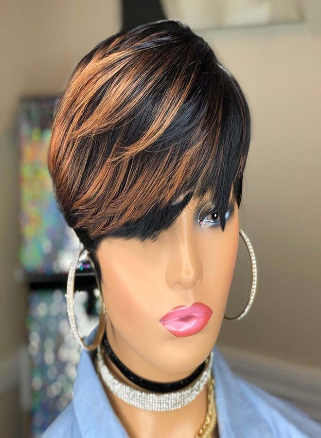 Yviann Short Human Hair Wigs for Black Women Glueless Pixie Wig Human Hair Layered Wavy Wigs with Bangs Pixie Curly Glueless Black with Brown F1B 30/33# - Image 1