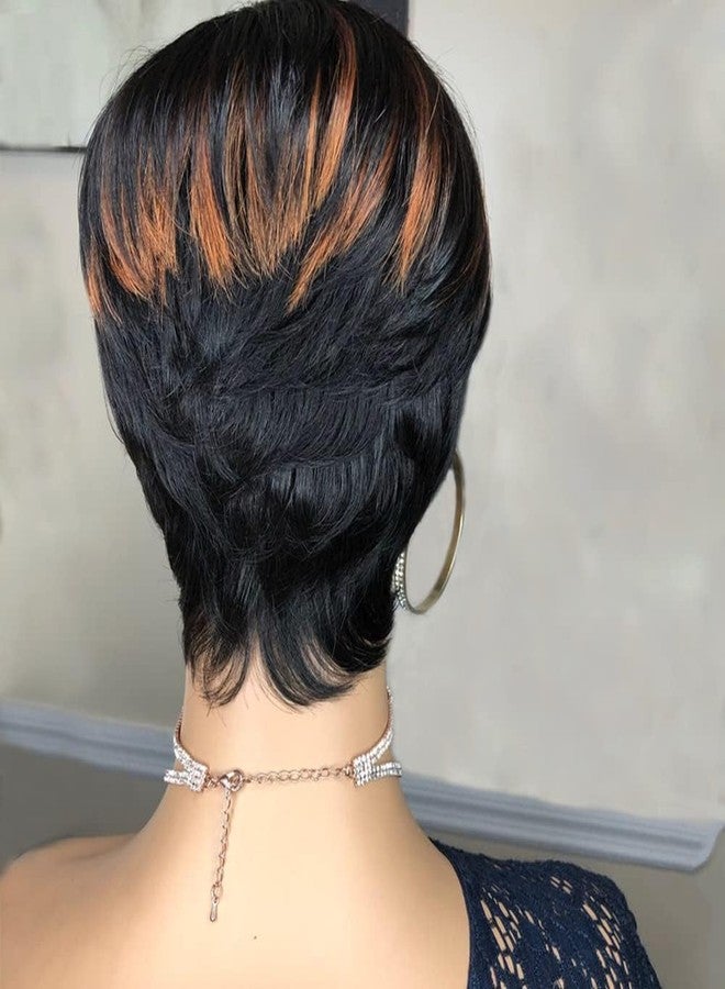 Yviann Short Human Hair Wigs for Black Women Glueless Pixie Wig Human Hair Layered Wavy Wigs with Bangs Pixie Curly Glueless Black with Brown F1B 30/33# - Image 5