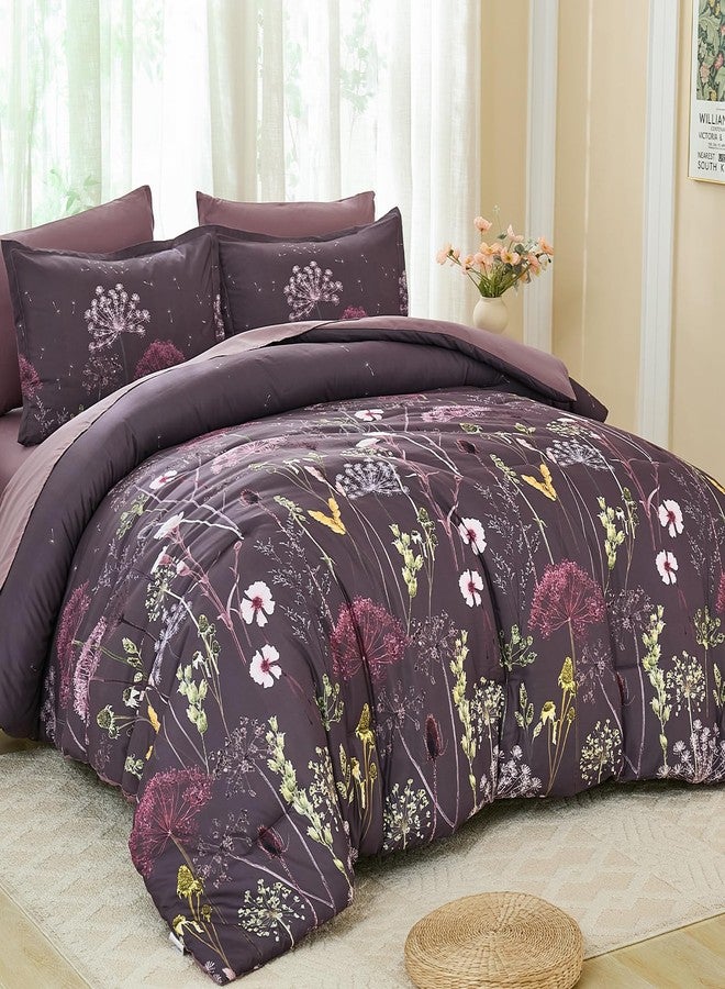 Yiran Purple Comforter Set King Size, 7 Piece Floral Dandelion Comforter Bedding Set, Botanical Bed in a Bag King, Soft Microfiber Complete Bedding Set with Sheets for All Season - Image 2