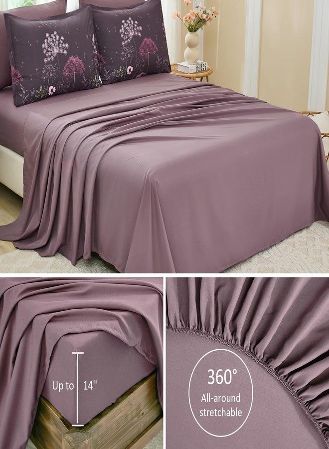 Yiran Purple Comforter Set King Size, 7 Piece Floral Dandelion Comforter Bedding Set, Botanical Bed in a Bag King, Soft Microfiber Complete Bedding Set with Sheets for All Season - Image 4